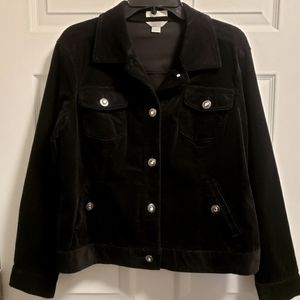 Black velvet-like, jean style jacket.